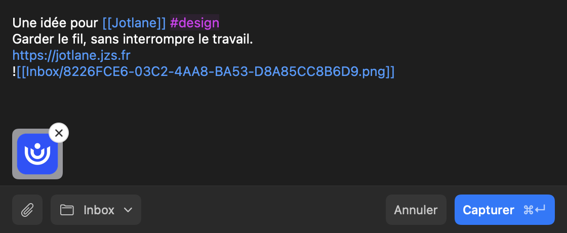 Jotlane window: a text capture with a link, an image and the Inbox destination.